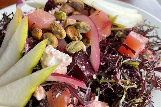 Marinated Beets, Pears Salad with Goat Cheese and Pistachio